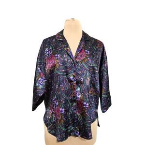 Kathryn Button Front Purple Short Sleeve Satin Pajama Top Sleepwear PJs Medium